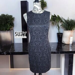 SUZY SHEIR Black Damask Cocktail Dress- Small